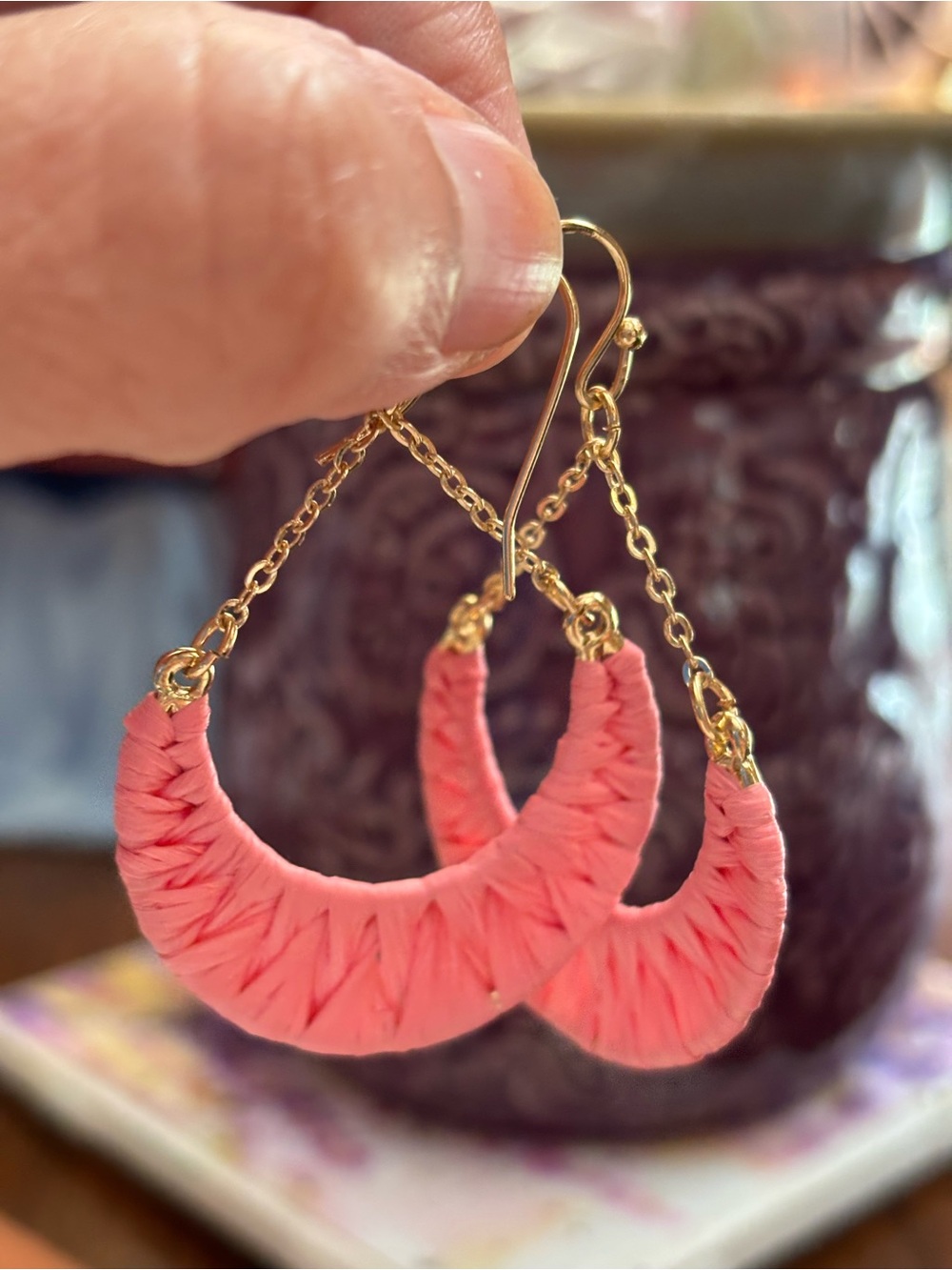 Vintage estate sale Gold Chain Pink Raffia Crescent Drop Earrings